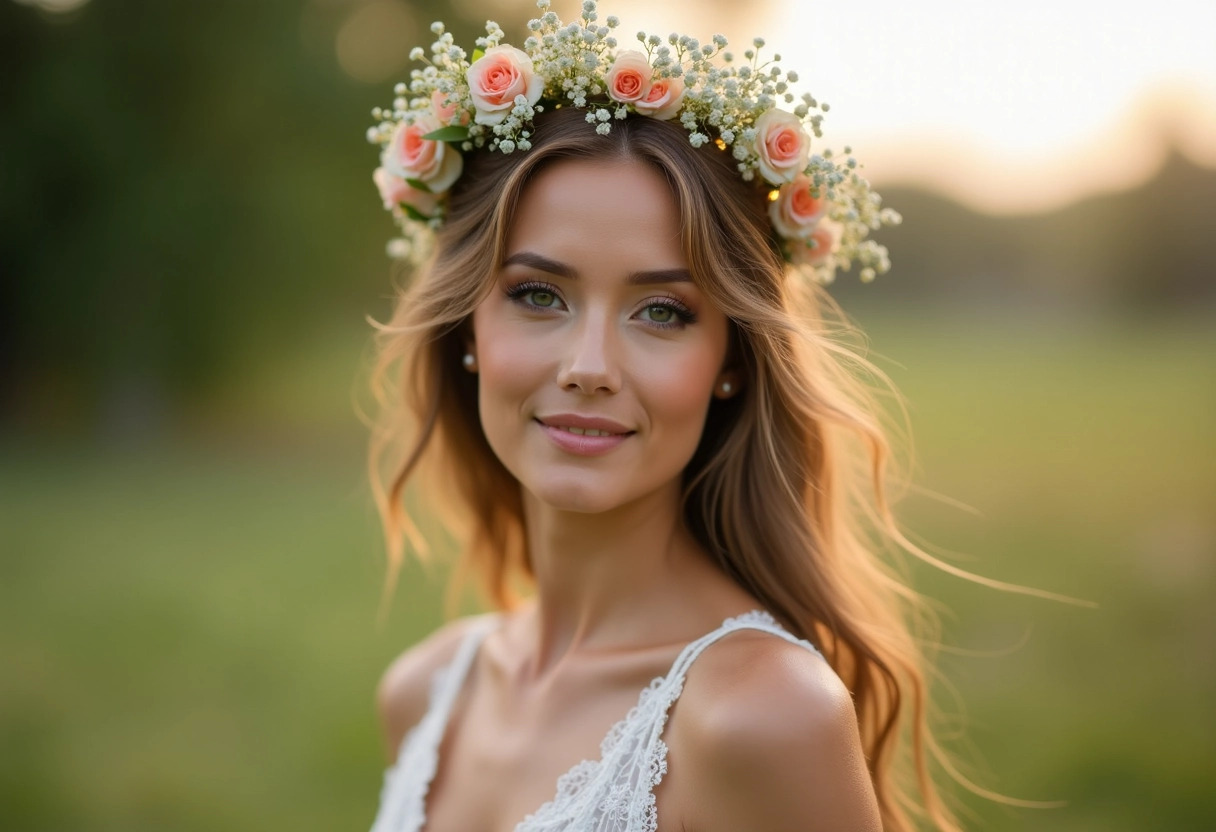 coiffure mariage mi-long couronnes fleurs